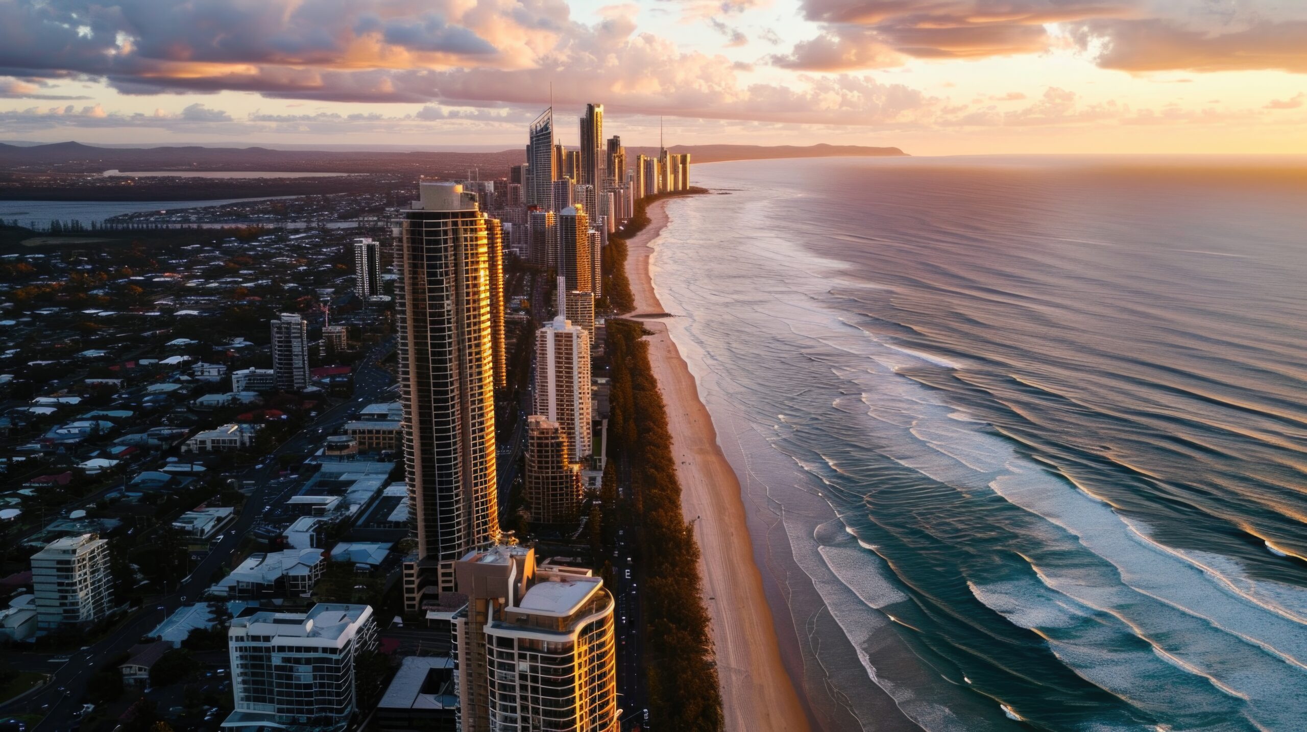 A stunning aerial view capturing the cityscape and the vast expanse of the ocean. Perfect for travel magazines, website banners, or promotional materials