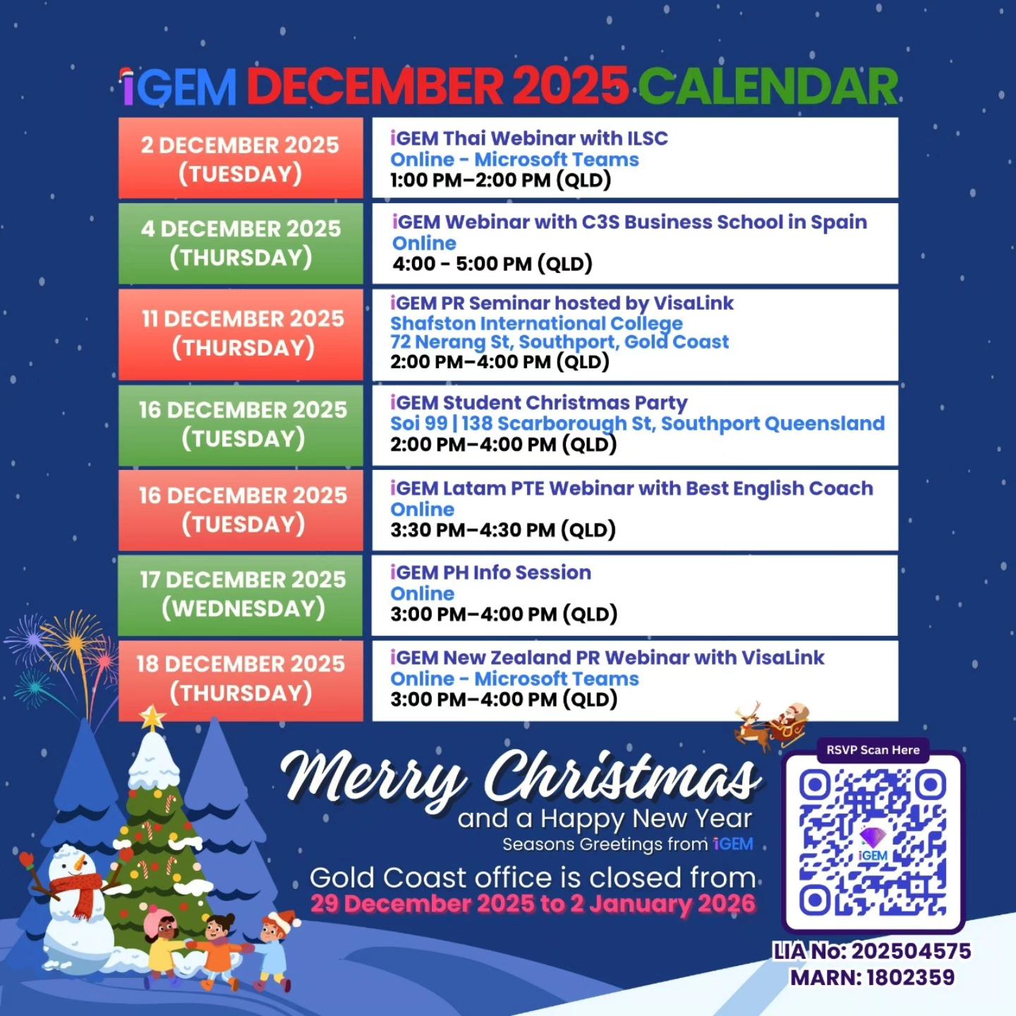 iGEM DECEMBER 2025 CALENDAR ACTIVITIES